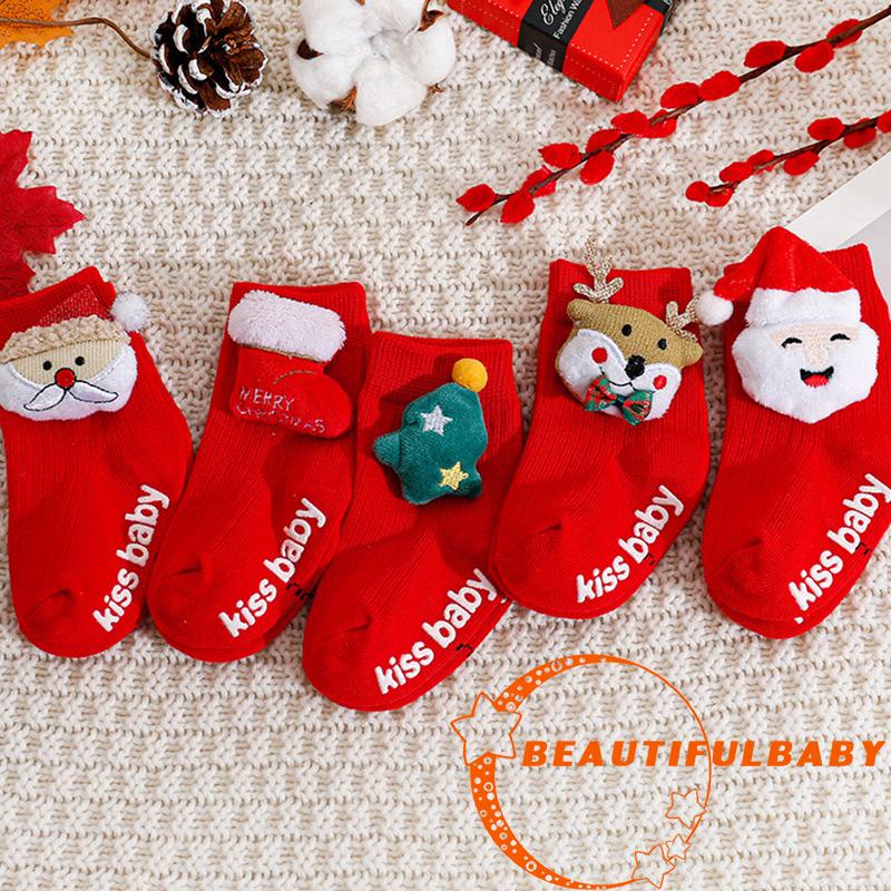 Beauty-baby Girls Boys Christmas Socks ถุงเท้าผ้าฝ้ายน่ารัก Cozy Crew Socks with Grippers