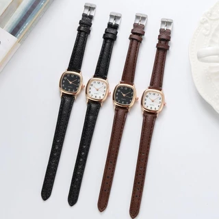 Vintage Square Small Dial นาฬิกาหรูหราสําหรับผู้หญิงสายหนังสไตล์มินิมอลสําหรับของขวัญนักเรียนสีดําสีน้ําตาล