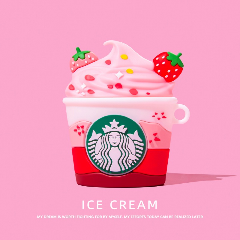 Starbucks เคสซิลิโคนนิ่ม ลายไอศกรีม พร้อมคาราบิเนอร์ สําหรับ AirPods1 2 3 Pro