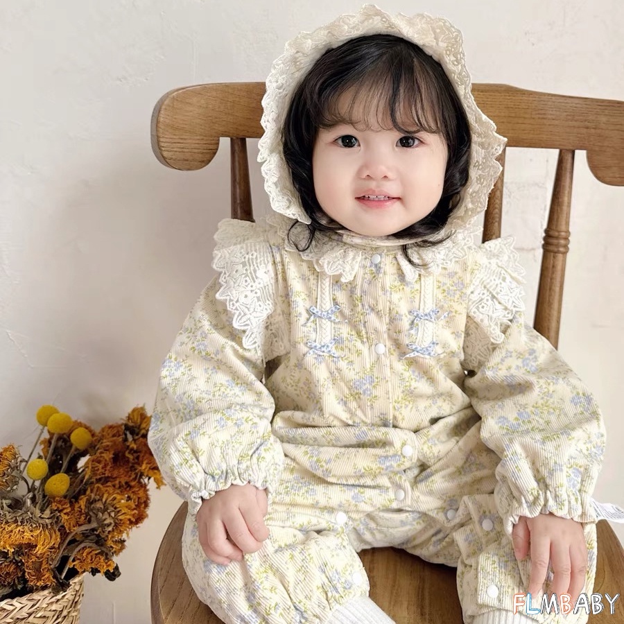 ชุดบอดี้สูทรอมเปอร์ แขนยาว ลายดอกไม้ พร้อมหมวกลูกไม้ สําหรับเด็กผู้หญิง อายุ 0-2 ปี