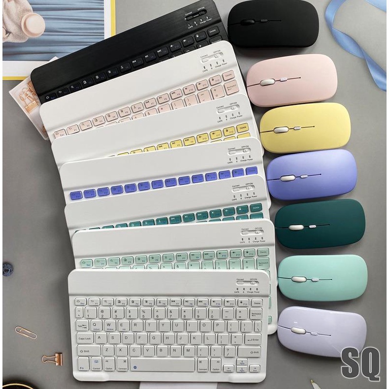 ชุดคีย์บอร์ด เมาส์บลูทูธไร้สาย สีสันสดใส สําหรับ Android ios iPad Macaron แท็บเล็ต