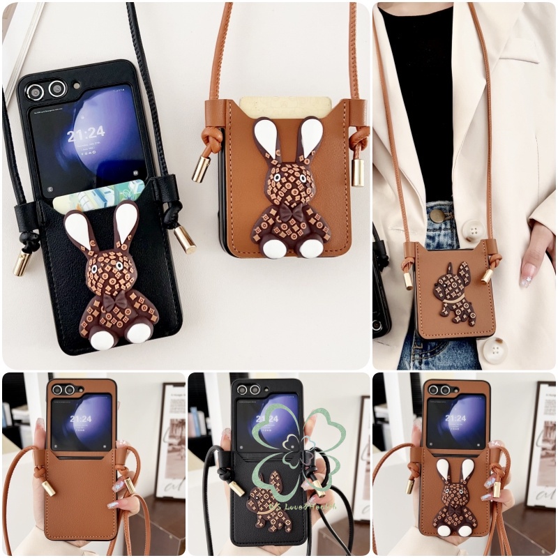 แฟชั่น 3D สุนัขกระต่ายรูปแบบผู้ถือบัตรซองหนัง Samsung Galaxy Z Flip 6 Z Flip 5 Z Flip 4 Z Flip 3 Crossbody lanyard ปลอกป้องกันกันกระแทก Hard PC ฝาครอบ Shell
