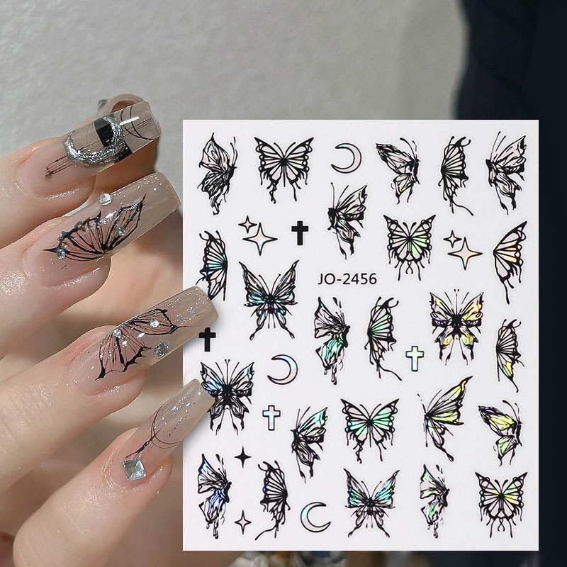 สีขาวสีดํา Aurora ผีเสื้อ 3D สติ๊กเกอร์ติดเล็บเล็บตัวเลื่อนกาว Glitter Nail Art Decal ตกแต่งเล็บ