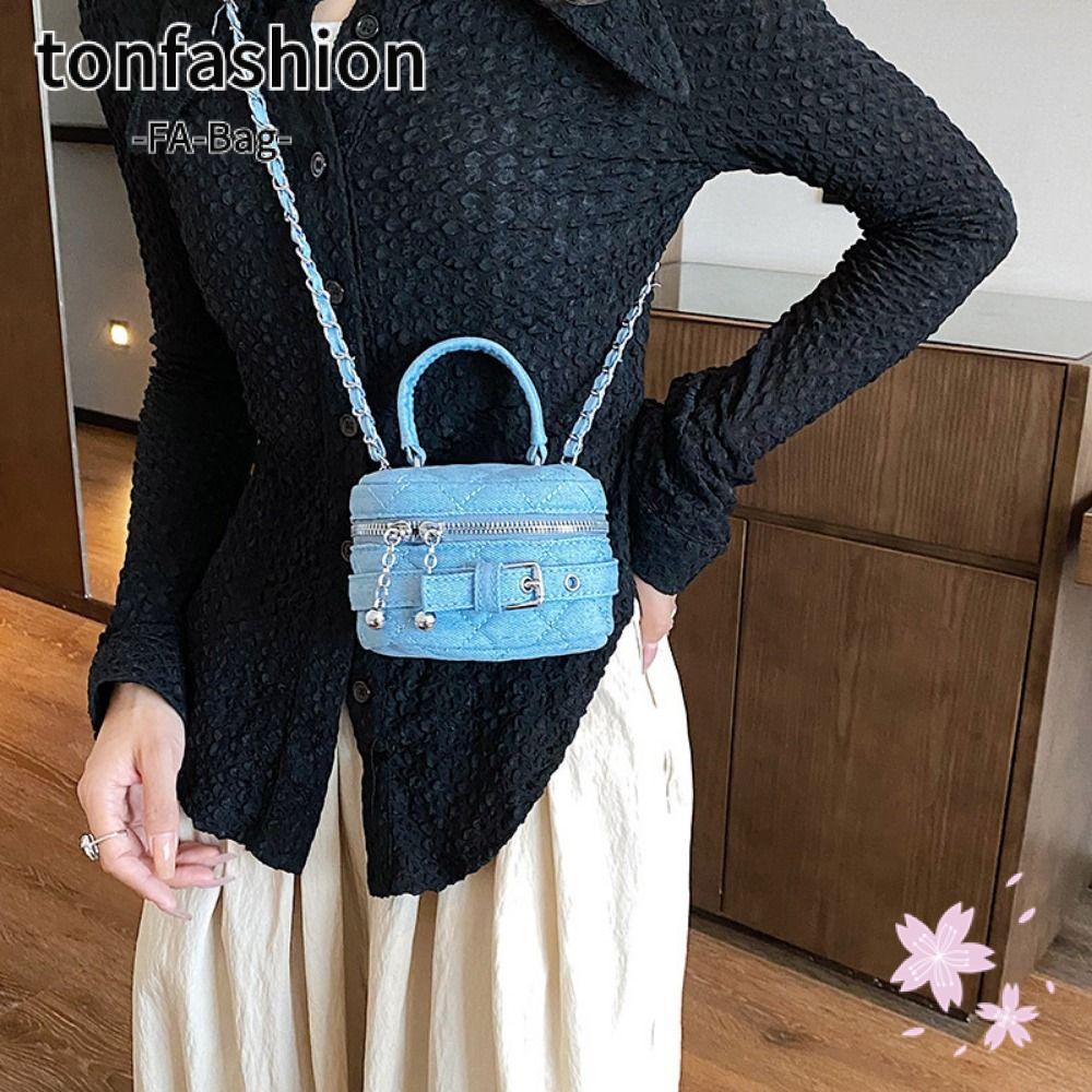 Tonfashion กระเป๋าผ้ายีน ทรงบักเก็ต ขนาดเล็ก มีซิป จุของได้เยอะ แบบพกพา สีฟ้า แฟชั่นสําหรับผู้หญิง