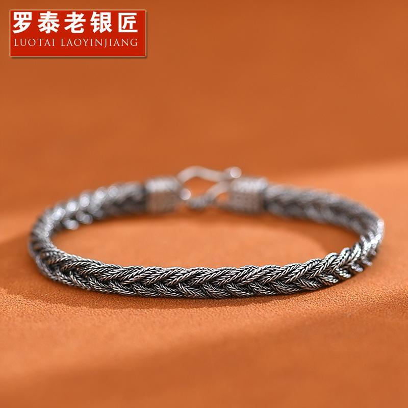 สร้อยข้อมือ เงิน 925 แบบถักมือ สไตล์เรโทร เรียบง่าย ไฮเอนด์ เครื่องประดับ สําหรับผู้ชาย