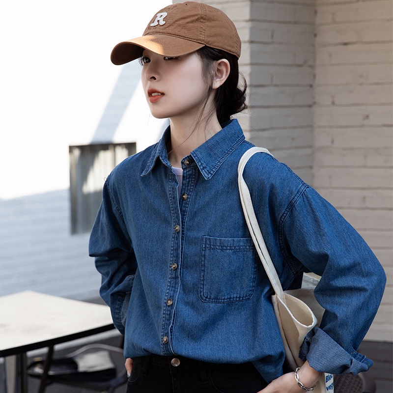 เสื้อเชิ้ตยีนแขนยาว ลําลอง ทรงหลวม แฟชั่นเรโทร สไตล์เกาหลี สําหรับผู้หญิง