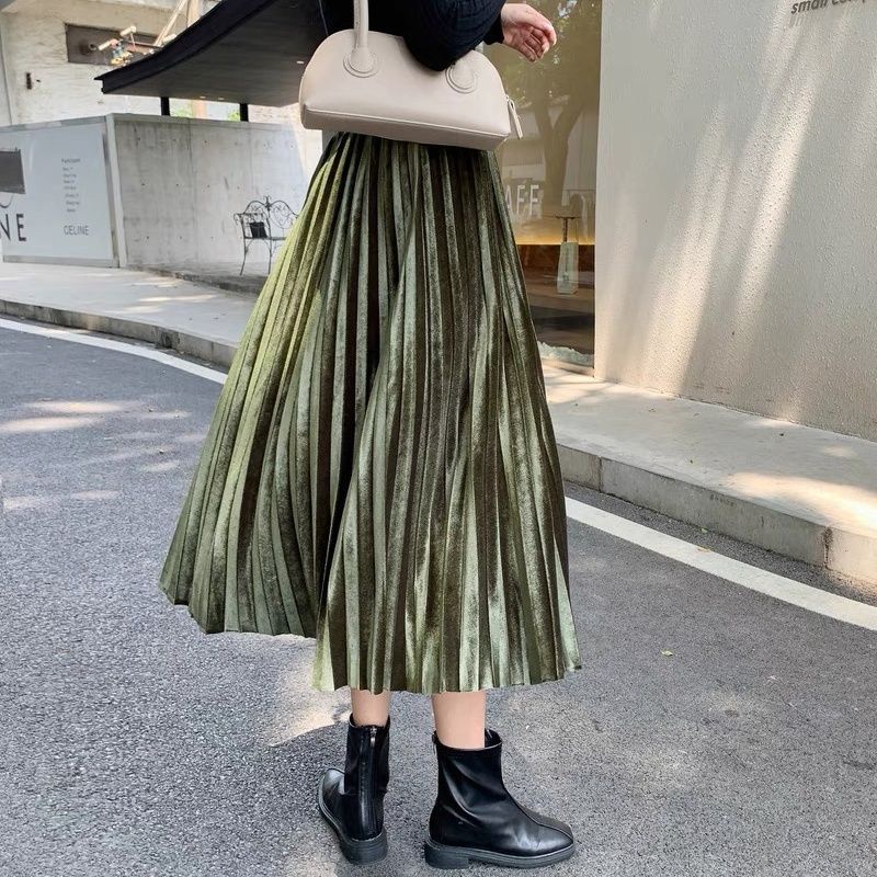 กระโปรงยาว ผ้ากํามะหยี่ เอวสูง ทรงเอ แต่งจับจีบ สีทอง แฟชั่นฤดูใบไม้ร่วง และฤดูหนาว สําหรับผู้หญิง