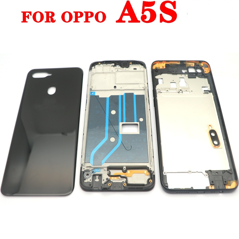 ฝาครอบแบตเตอรี่ด้านหลัง กรอบกลาง สําหรับ Oppo A5S LCD กรอบด้านหน้า พร้อมปุ่มด้านข้างเลนส์กล้อง