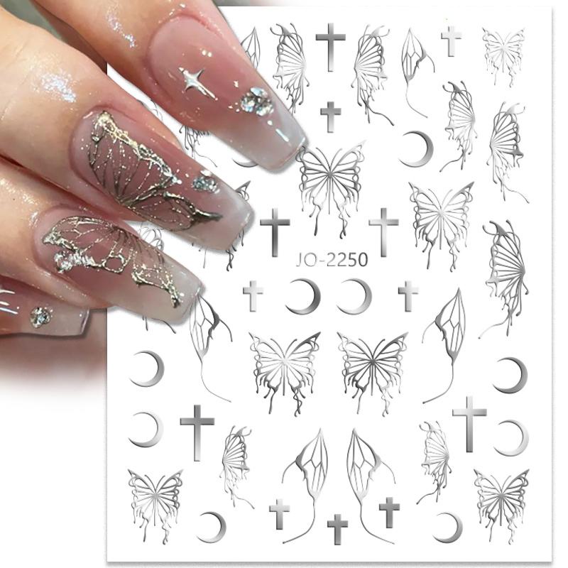 โลหะเงินผีเสื้อ 3D สติกเกอร์เล็บสีดําสีขาว Butterflaies Star กาว Slider Wraps เล็บเจลโปแลนด์ Decals