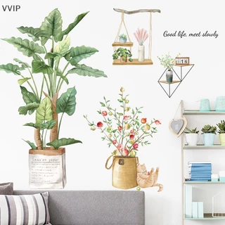 Vvth สีเขียวใบสติ๊กเกอร์ติดผนังสําหรับห้องนั่งเล่นตกแต่งรูปลอกผนังพืชเขตร้อน DIY เด็กประตูภาพจิตรกรรมฝาผนัง QDD