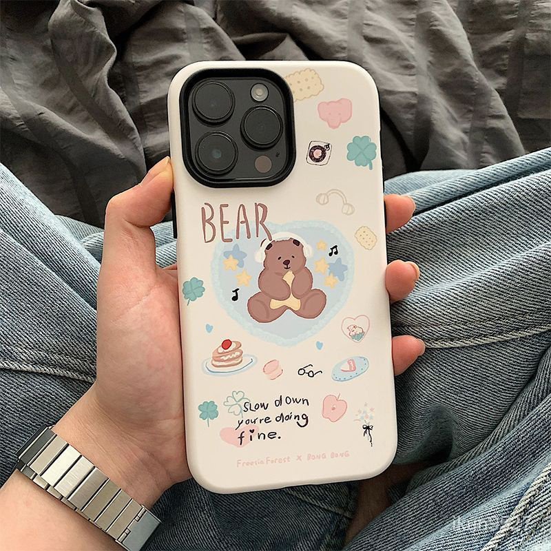 เคสโทรศัพท์มือถือแบบแข็ง สองชั้น ลายหมีรักดนตรี สองชั้น แวววาว สําหรับ Iphone 15 14 13 12 11 XSMAX XR XS 7Plus 8Plus