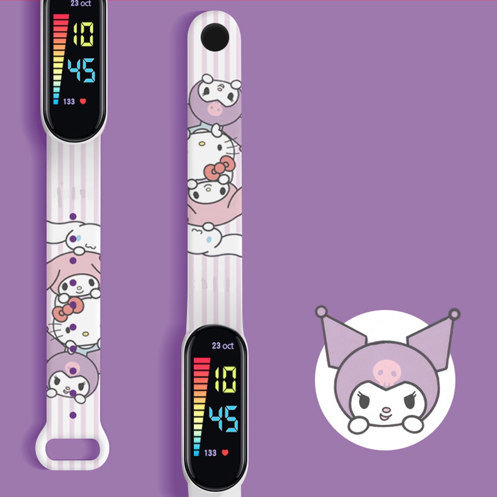 นาฬิกาข้อมืออิเล็กทรอนิกส์ กันน้ํา พิมพ์ลาย Hello Kitty Cinnamoroll Sanrio Kuromi พร้อมไฟ LED สําหรับเด็กผู้หญิง และนักเรียน
