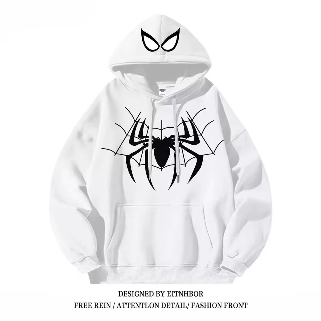 เสื้อกันหนาว มีฮู้ด ผ้าฝ้ายแท้ ทรงหลวม ลาย Spider Man สไตล์ฮิปฮอป แฟชั่นฤดูใบไม้ร่วง และฤดูหนาว สําหรับผู้ชายและผู้หญิง