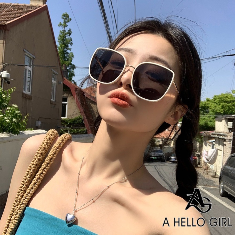 A HELLO GIRL แว่นตากันแดด ทรงเว้า สีดํา สีขาว สไตล์เกาหลี ย้อนยุค ป้องกันรังสียูวี สําหรับผู้หญิง