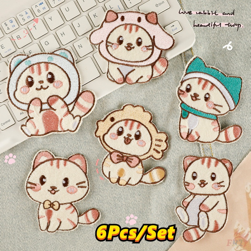 ☸ Q แผ่นสติกเกอร์ตุ๊กตาแมว มีกาวในตัว สําหรับติดตกแต่งเสื้อผ้า ☸ แผ่นแพทช์รีดร้อน ปักลาย สําหรับตกแต่งเสื้อผ้า กระเป๋า DIY 6 ชิ้น ต่อชุด
