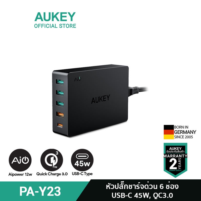 [สินค้าขายดี]AUKEY​ PA-Y23 ​หัวชาร์จ 5 ช่อง 45W  PD หัวชาร์จ ชาร์จด่วน TYPE-C 1 ช่อง QC 3.0 1 ช่อง แ