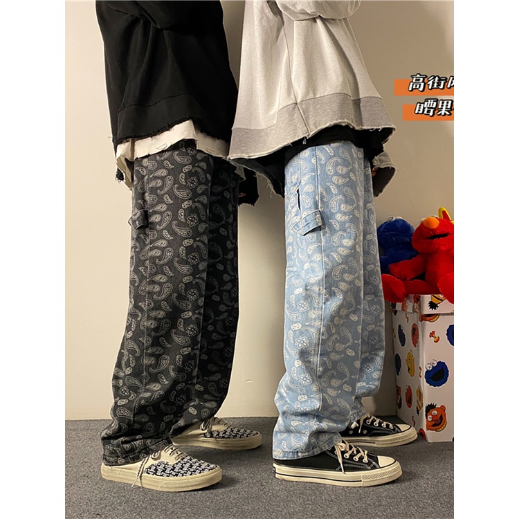 Ins High Street กางเกงยีนส ์ ผู ้ ชาย Street สวมใส ่ ตรงหลวมกางเกงดอกไม ้ เม ็ ดมะม ่ วงหิมพานต ์ ญี ่ ปุ ่ นอินเทรนด ์ ขากว ้ าง
