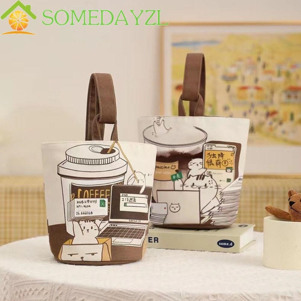 Somedayzl กระเป๋าผ้าแคนวาส กระเป๋าถือ กระเป๋าช้อปปิ้ง ทรงบักเก็ต ลายการ์ตูนแมว ความจุเยอะ สไตล์เกาหลี สําหรับคุณแม่
