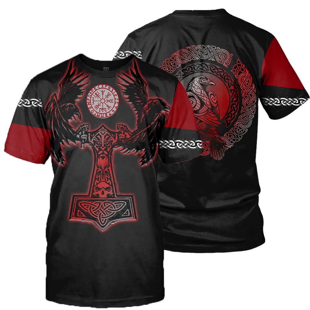 ฤดูร้อน เสื้อยืดหลวมสำหรับผู้ชาย ลายสักไวกิ้ง พิมพ์ 3D เสื้อยืดตลก เสื้อยืดแขนสั้น คอวี