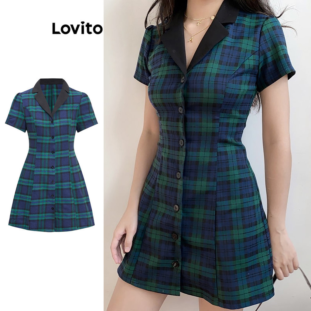 Lovito เดรสผู้หญิง ลายสก๊อต มีกระดุม แต่งสีปก แต่งเทป สไตล์ลำลอง L94AD182