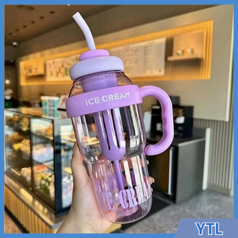 กระบอกน้ำ 1300 มล. แก้ว Ice-cream สีสันสดใส แถมหลอดพร้อมที่กรอง มีที่ปิดจุกหลอด กันฝุ่น จุน้ำได้เยอะ
