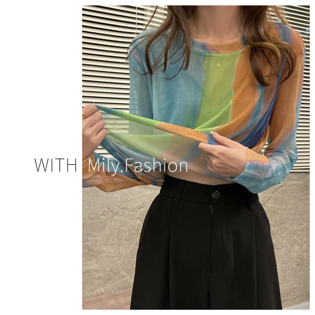 MIlyfashion Mesh Long-Sleeved T ฤดูร้อนสไตล์ใหม่ Slim-Fit Thin Inner Green Base ครีมกันแดด