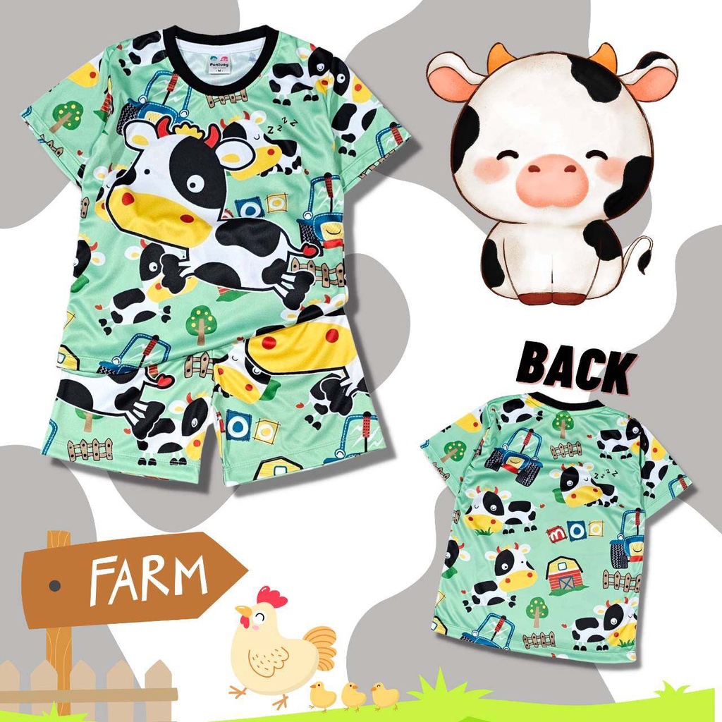 FRM0907#1 เสื้อผ้าเด็ก เสื้อแขนสั้น+กางเกงขาสั้น ลายการ์ตูนวัว ฟาร์มของเรา ผ้าไมโครเกรดA ชุดเด็กแฟชั่น ชุดเด็กลายการ์ตูน