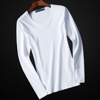 เสื้อยืดแขนยาว คอวี เข้ารูป สีพื้น สําหรับผู้ชาย
