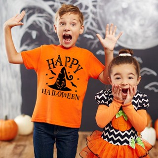 เสื้อยืดคอกลม พิมพ์ลาย Happy Halloween สีส้ม สําหรับเด็กผู้ชาย และเด็กผู้หญิง อายุ 1-12 ปี