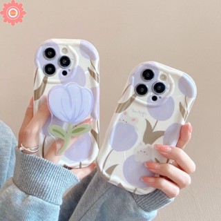 เคสโทรศัพท์มือถือ Tpu นิ่ม ขอบโค้ง ลายการ์ตูนกระต่าย ดอกทิวลิป 3D สีม่วง พร้อมขาตั้ง สําหรับ IPhone XR 11 13 14 12 Pro MAX 7 6S 8 6Plus X XS MAX SE 2020