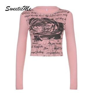 Sweeticme ใหม่ เสื้อยืดลําลอง แขนยาว คอกลม เข้ารูป พิมพ์ลาย สีตัดกัน แฟชั่นสําหรับสตรี 2023