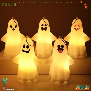 Teath จี้โคมไฟฟักทอง ผี พลาสติก สีพื้น พร้อมปุ่มกด รูปการ์ตูนผี มีไฟ LED สําหรับปาร์ตี้ 2 ชิ้น