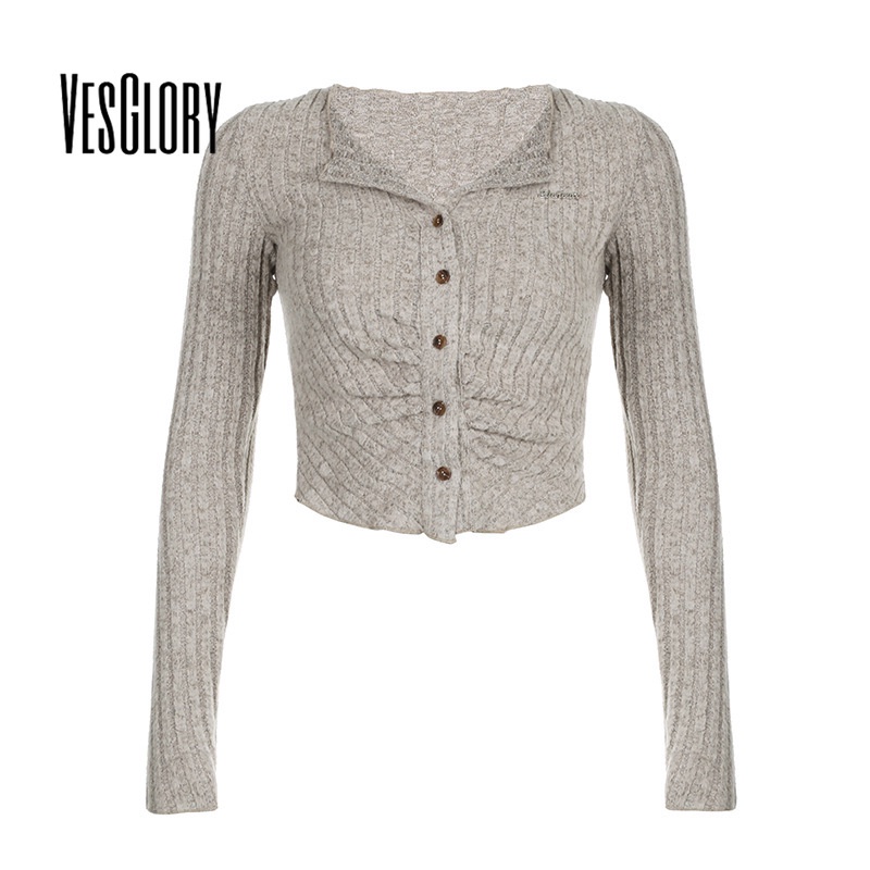 VesGlory ผู้หญิง Crop Top แฟชั่นสีทึบแขนยาว V คอ Slim Fit Cadigan เสื้อยืด