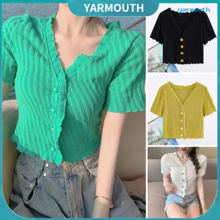 Yyr-- เสื้อครอปแขนสั้น คอวี แต่งกระดุม ลายดอกไม้ แต่งลูกไม้ สีพื้น แนวสตรีท แฟชั่นฤดูร้อน สําหรับผู้หญิง