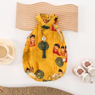 Shopkeepers selection# babys puffed clothes summer female babys Chinese style sleeveless Triangle shirt newborn 100-day summer clothes thin jumpsuit 9.14N