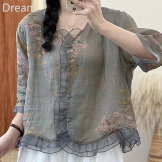 Retro shirt organza stitching printed shirt loose age-reducing slimming womens top