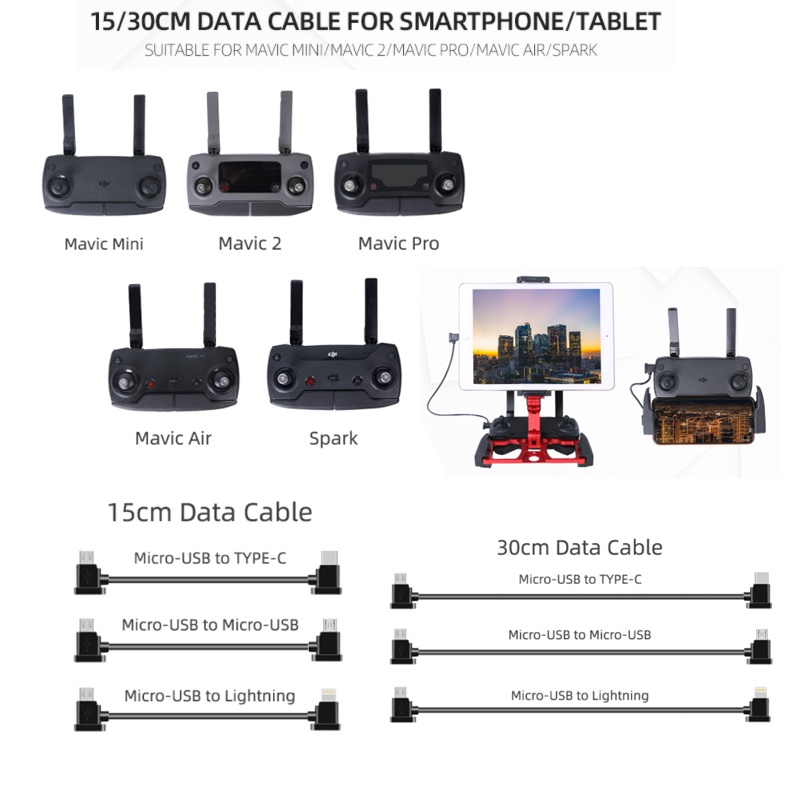 Micro-USB to Lightning/TYPE-C/Micro-USB Data Cable สมาร์ทโฟนแท็บเล็ต 15/30 ซม.สําหรับ DJI MAVIC MINI/ SE/MAVIC 2/MAVIC AIR/Spark