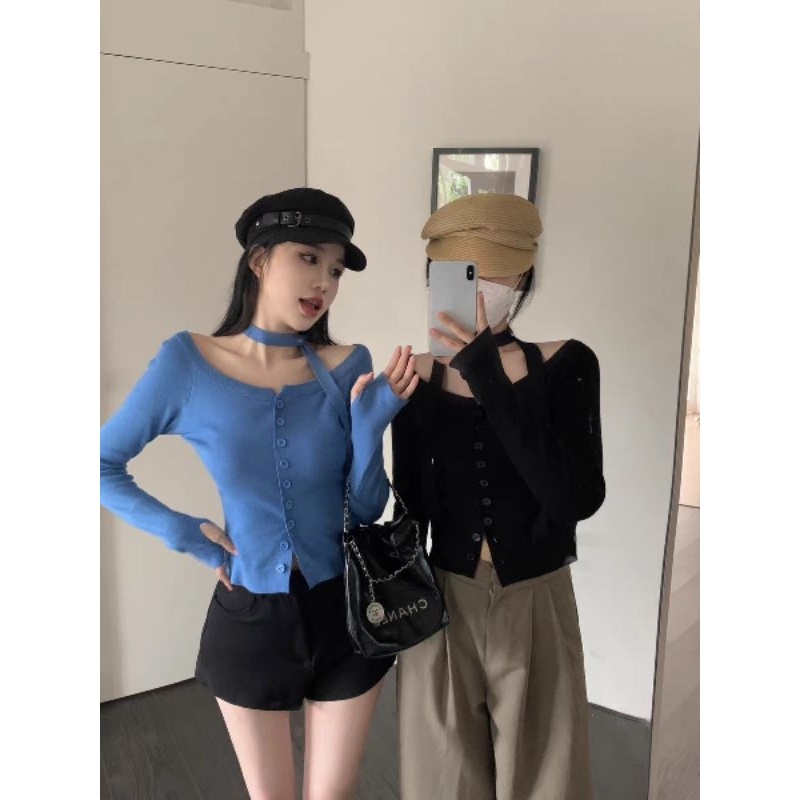 OFF SHOP พร้อมส่ง (OFF-76107) เสื้อแขนยาวไหมพรม กระดุมหน้าแกะได้ แถมผ้าพันคอ -C