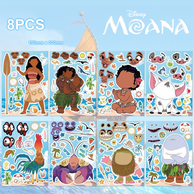 สติกเกอร์ ลายการ์ตูนดิสนีย์ Moana DIY สําหรับติดตกแต่งใบหน้าเด็ก 8 ชิ้น ต่อชุด