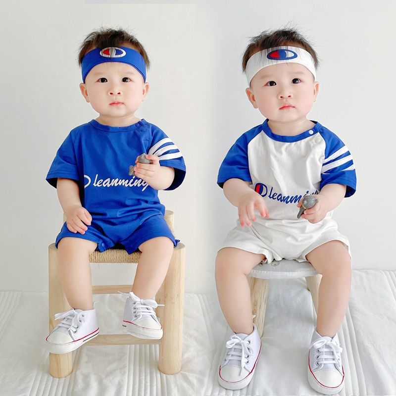 ใหม่ ชุดจั๊มสูทรอมเปอร์ วันพีช แขนสั้น ผ้าฝ้าย พร้อมที่คาดผม สําหรับเด็กทารกผู้ชาย ผู้หญิง อายุ 0-24 เดือน เหมาะกับฤดูร้อน
