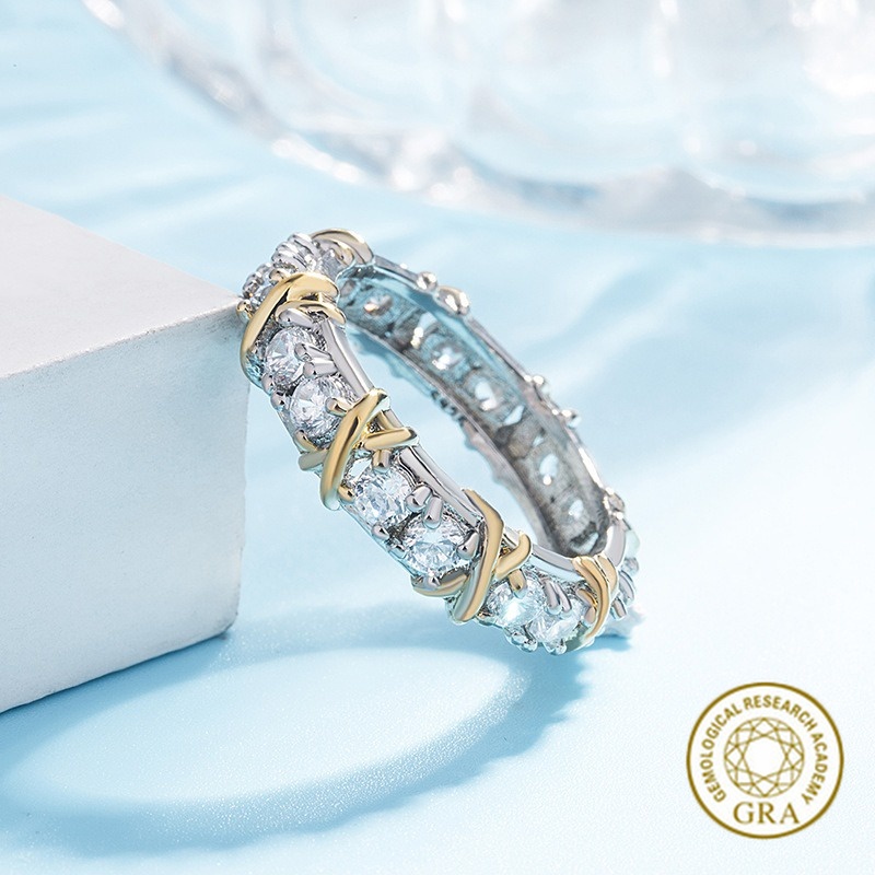 [ ใบรับรอง GRA ฟรี ] ยุโรปและอเมริกาสุภาพสตรีแยกสีข ้ ามขายร ้ อน Moissanite แหวนทูโทนเครื ่ องประดับหมั ้ น