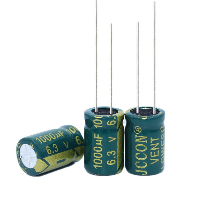 ตัวเก็บประจุอิเล็กโทรไลต์ อลูมิเนียม 6.3v 1,000UF 6.3v JCCON 8x12 มม. สีเขียว ทอง