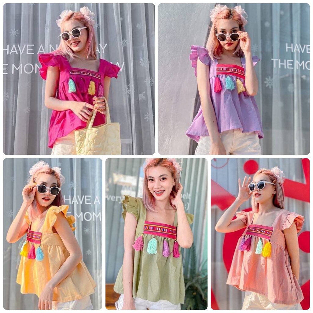 C6 เสื้อผ้าฝ้าย พื้นเมือง คอเหลี่ยม แขนระบาย แต่งพู่ด้านหน้า