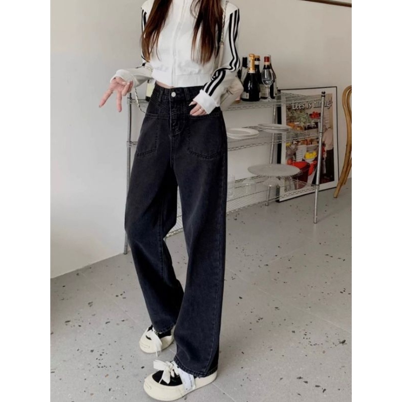 Elves✨พร้อมส่ง✨ กางเกงยีนส์เอวสูง ขายาว 6สี ทรงกระบอก ~946/946-1~ -NZ