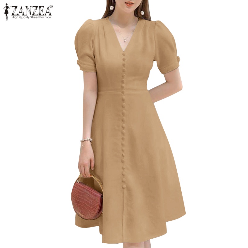 Zanzea ชุดเดรส คอวี แขนสั้น สีพื้น แฟชั่นเกาหลี สําหรับผู้หญิง