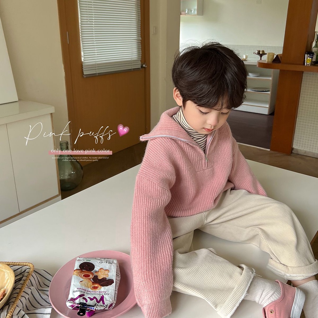 2.3 เสื้อกันหนาว ผ้าถัก มีซิป สไตล์เกาหลี สีชมพูอ่อน แฟชั่นฤดูใบไม้ร่วง ฤดูหนาว สําหรับเด็กผู้ชาย