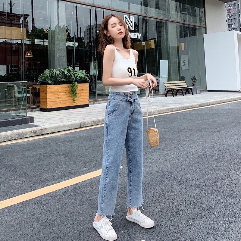Alva กางเกงยีนส์ ผู้หญิง เอวสูง ขาเดฟ ปลายขารุ่ย #8058
