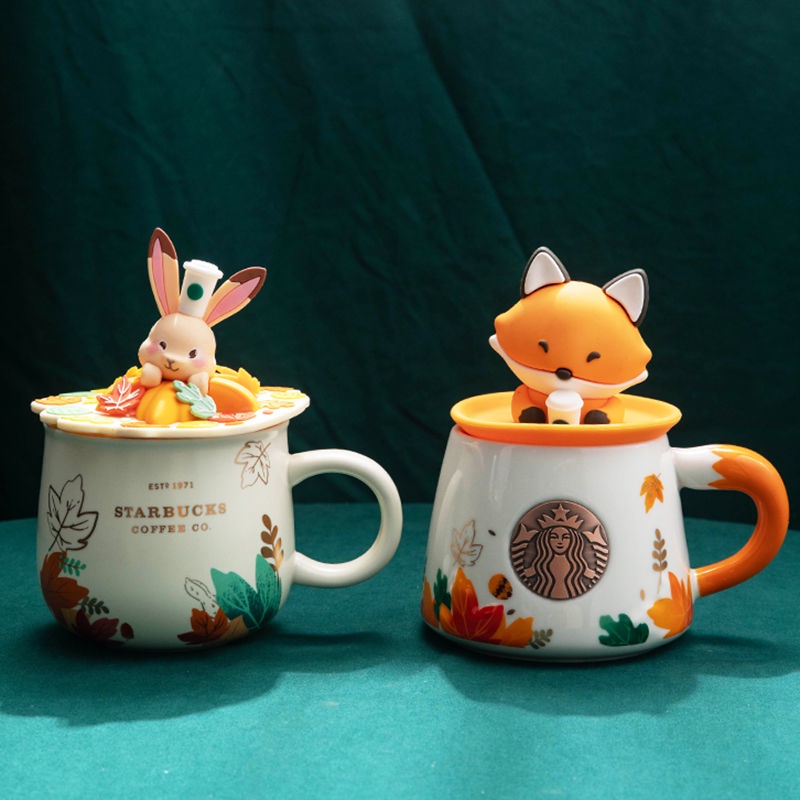 [ร้านค้าสาวราคาถูกระดับพรีเมียม] Starbucks Cup Fox Rabbit Osmanthus พร้อมฝาปิดช้อนแก้วกาแฟเซรามิกความจุขนาดใหญ่