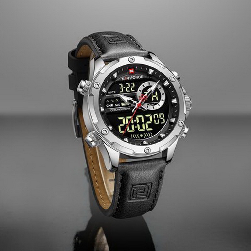 Naviforce นาฬิกาข้อมือผู้ชาย รุ่น NF9208 สายหนัง กันน้ำ แสดงเวลา 2 ระบบ ของแท้ 100%