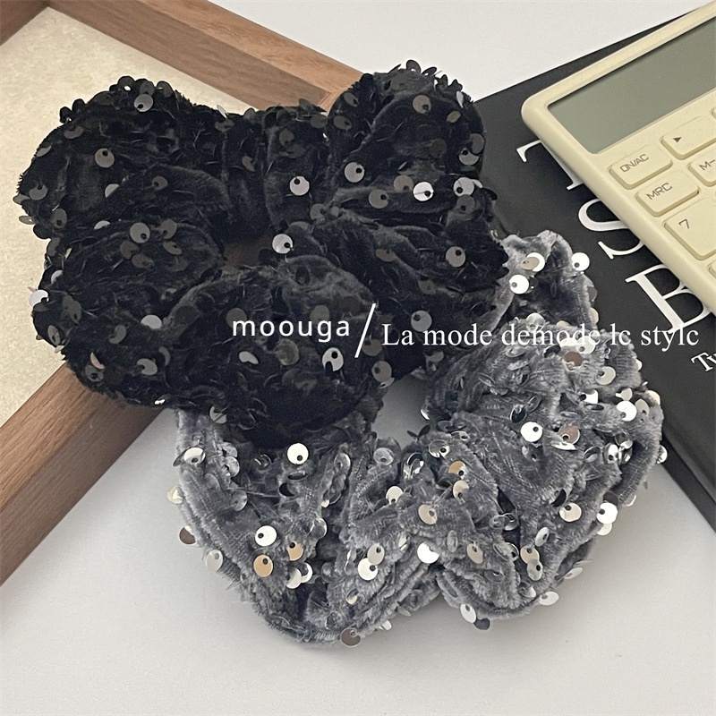 Moouga ยางรัดผม ผ้ากํามะหยี่ ประดับเลื่อม สีเทา ยืดหยุ่นสูง ระดับไฮเอนด์ แฟชั่นฤดูใบไม้ร่วง ฤดูหนาว